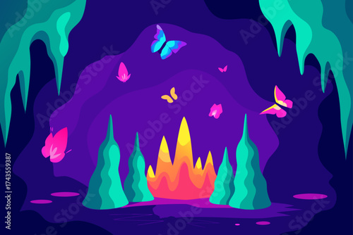 Illustration of a cave with butterflies and plants