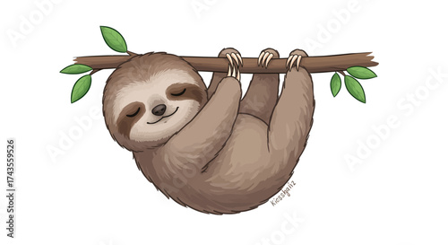 Sloth hanging from a tree branch with leaves on a white background