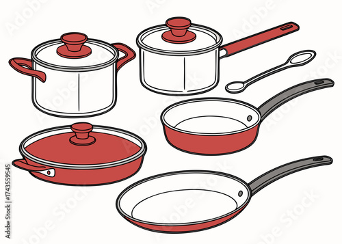 Culinary Assortment: A collection of essential kitchenware for cooking, encompassing pans, pots, and a spoon, artfully arranged for culinary endeavors.