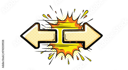 Dynamic pop art graphic depicting two opposing arrows clashing in an energetic explosion, symbolizing conflict, choice, or a pivotal directional shift in strategy