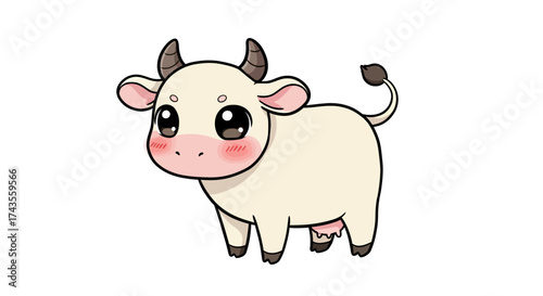 A cartoon cow with large eyes horns pink cheeks and a curled tail stands against a white background