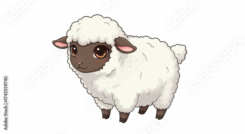 Cartoon sheep fluffy white fleece brown faceears big eyes standing