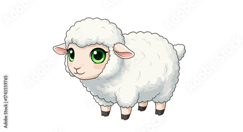 A cartoon sheep with a fluffy body and big green eyes stands on a white background