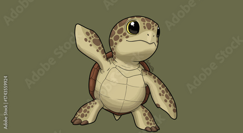 A cartoonstyle turtle waves rendered with outlined shapes spots and a muted background