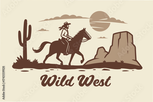 Dynamic silhouette of a cowboy skillfully riding a horse across a vast landscape evoking adventure and the wild west spirit