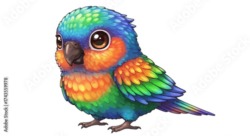 Cartoonstyle rainbow lorikeet with big eyes standing on a white background