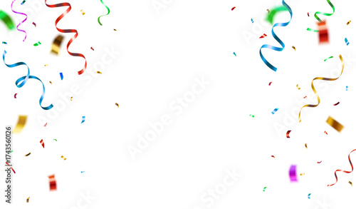 Decorative vector illustration border with falling shiny colorful confetti on the sides isolated on white background	