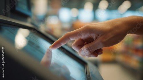 Close-up of a hand interacting with a touchscreen interface in a retail setting.