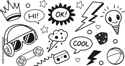 A vibrant and energetic collection of playful hand drawn doodles and graphic elements perfect for creative projects and designs