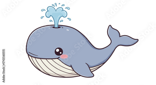 Cute cartoon whale spouting water blue with white underbelly and black outline