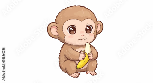 Cute cartoon monkey holding a banana with brown fur big eyes and pink cheeks on a white background