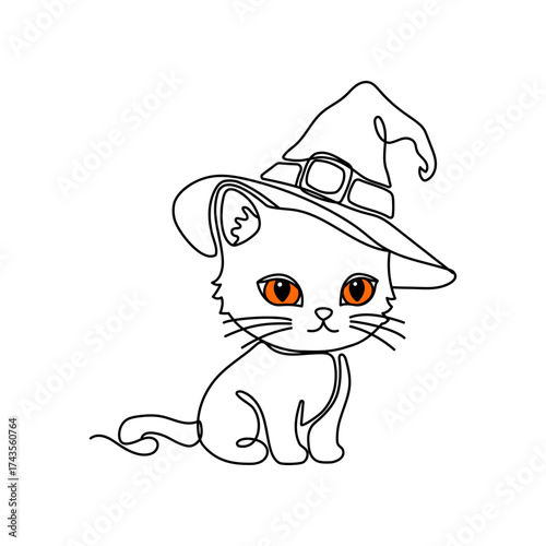 Outline of the profile of a chibi a kitten in a witch's pointy hat in one line. Cute Halloween illustration. 