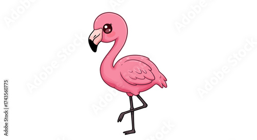 Cartoon flamingo standing on one leg with head turned left