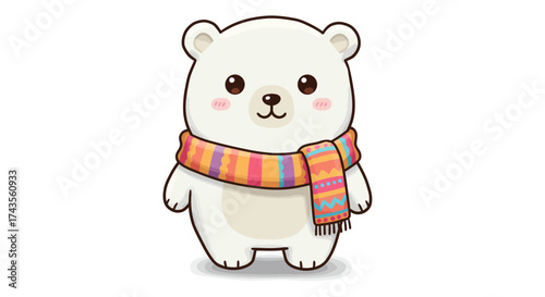 Cartoon polar bear wearing a colorful patterned scarf