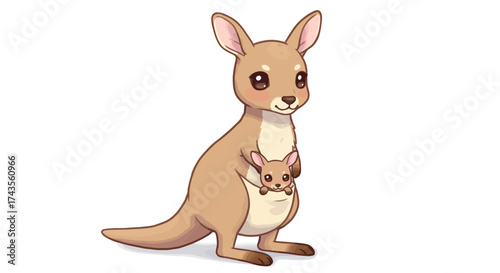A cartoon kangaroo stands with a joey peeking out of its pouch