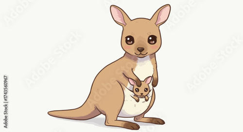 A cute cartoon kangaroo with a joey in its pouch drawn in soft colors against a light background