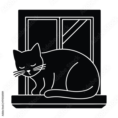 Minimalist line art vector illustration of a sleeping cat on a windowsill illustration