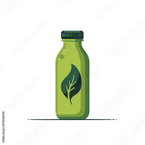 Green juice bottle isolated on white background, clean and minimalistic. Green juice with leaf symbol shows healthy drink for health and wellness. Illustrative green juice suitable for detox, dietary,