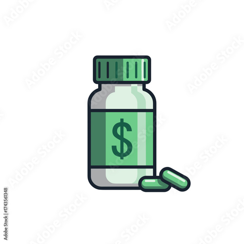 Expensive medication in pill bottle with dollar sign. Expensive medication inside pill bottle shows costly healthcare issues, highlighting health insurance and pharmaceutical expenses.