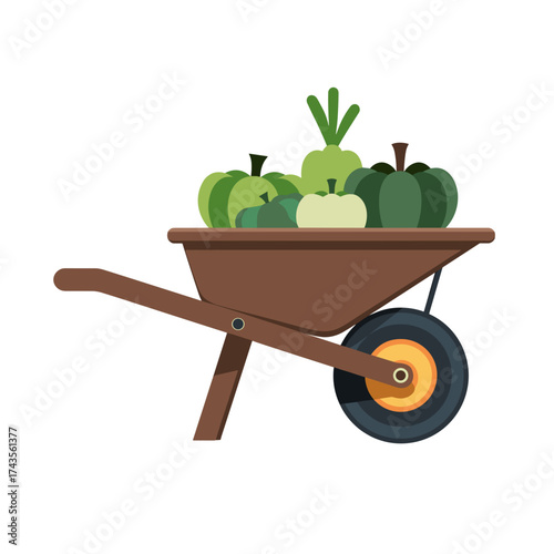 Wheelbarrow with pumpkins displaying fresh produce. Wheelbarrow carries pumpkins, gourds and squash, symbolizing autumn harvest season, showcasing farm freshness.