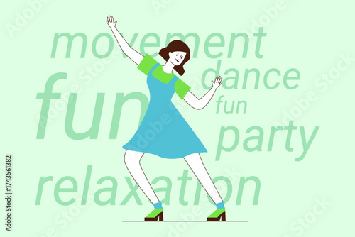 Joyful person dancing in blue dress, celebrating fun and relaxation at lively party. Movement and enjoyment concept