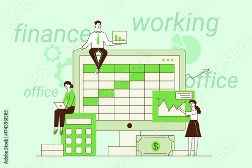Scene showing three individuals engaged in financial tasks. One person sitting on computer, another typing on laptop, and third analyzing graphs. Productivity concept