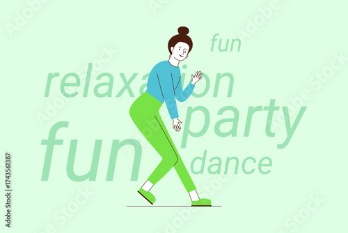 Woman enjoying dancing at lively party, showcasing her excitement and energy. With relaxed posture, she embodying spirit of fun and celebration