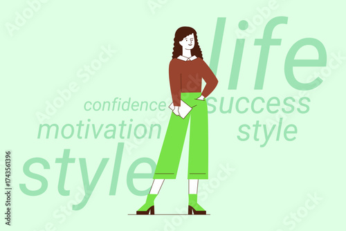 Confident woman standing stylishly in green attire, combining motivation and success. Keywords in background highlighting themes of life and inspiration