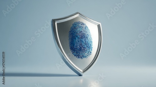 A metallic shield featuring a blue fingerprint design, symbolizing security and identity protection.