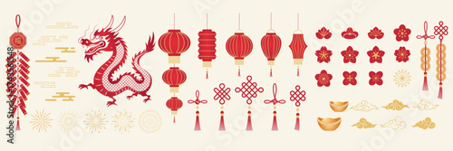 Chinese New Year elements. Geometric icons, symbol for festival. Vector illustration of dragon, lanterns, flowers, firework, cloud, firecrackers. Golden templates border, card.