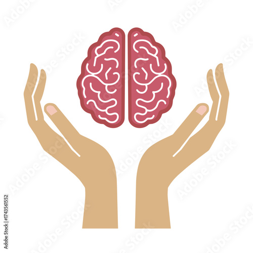 Brain health illustrated with human hands cupping brain, symbolizing care. Brain health awareness portrayed through careful hands supporting thinking organ.