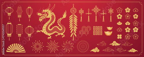 Chinese New Year elements. Geometric icons, symbol for festival. Vector illustration of dragon, lanterns, flowers, firework, cloud, firecrackers. Golden templates border, card.