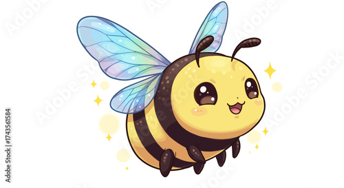 A cute cartoon bee with bright yellow and black stripes translucent blue wings and a smiling face
