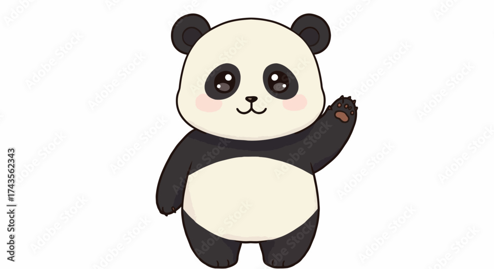 Naklejka premium A cartoon panda stands and waves with its right paw black and white fur