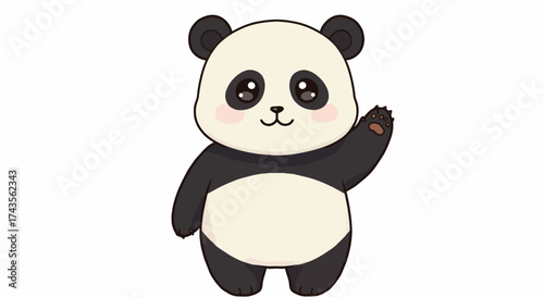 A cartoon panda stands and waves with its right paw black and white fur