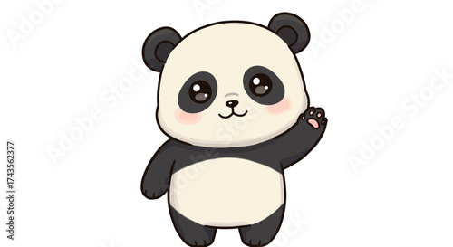 A cartoon panda bear with rosy cheeks waving its paw