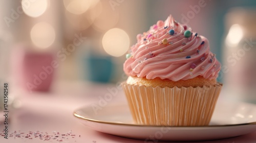 Delicious vanilla cupcake with pink frosting and colorful sprinkles, beautifully presented on a white plate.