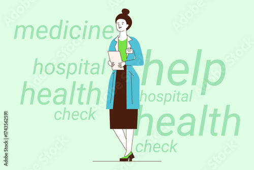 Health professional standing confidently in hospital environment, ready to assist patients. She holding clipboard, signifying her role in helping others with their health needs