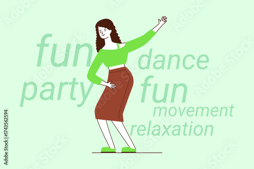 Cheerful woman dancing joyfully, expressing fun and relaxation. She moving gracefully in lively atmosphere, showcasing spirit of party and joy of movement