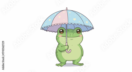 A green frog holds a pastel umbrella adorned with stars
