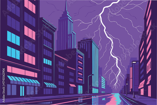 Dramatic futuristic cityscape illuminated by a powerful lightning storm at night