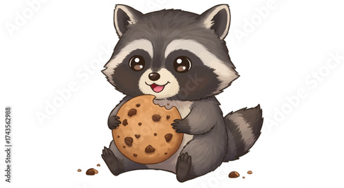Cartoon raccoon sitting and eating a cookie with some crumbs below