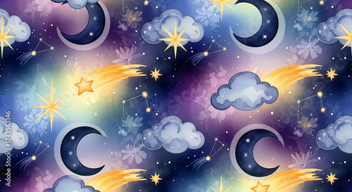 Seamless pattern with moon and star watercolor design