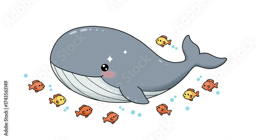 A cute whale with rosy cheeks surrounded by small colorful fish and bubbles