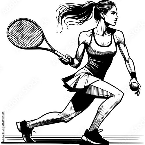 Tennis Player in Action: A dynamic illustration of a female tennis player in full swing, capturing the athleticism and grace of the sport. Emphasizing strength, focus, and the thrill of competition.