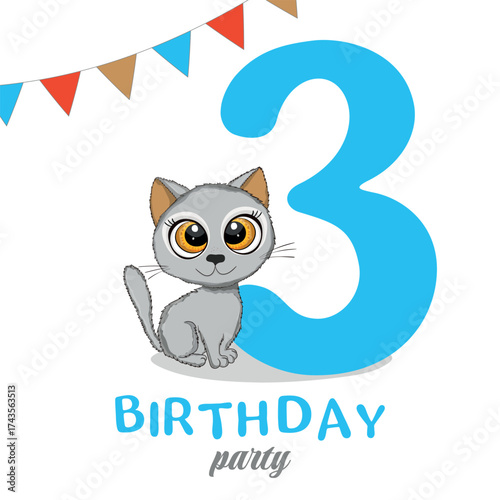 Cute little cat, Third Birthday party, Happy birthday 3 year old. Invitation or greeting card. Vector illustration.