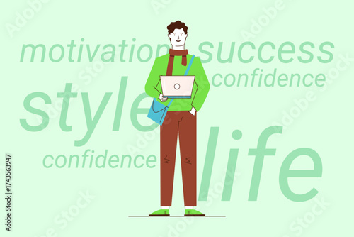 Young man standing confidently with laptop. He wearing stylish outfit and holding bag, surrounded by words like motivation and success, emphasizing positive lifestyle