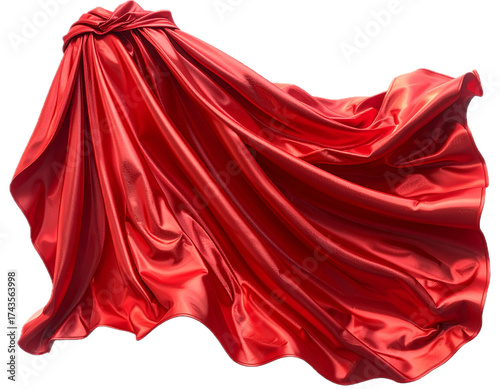 Flowing red silk superhero cape waving in the wind, shiny fabric texture. Isolated on transparent background, png