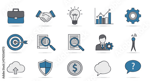 Comprehensive Set of Business, Finance, and Technology Concept Icons for Strategic Planning, Innovation, Corporate Operations, and Digital Solutions