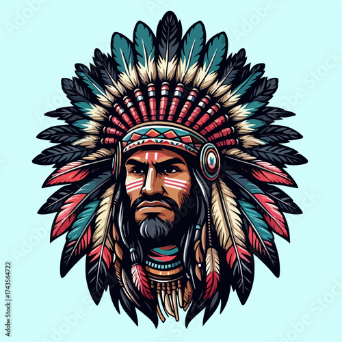 Vector illustration of a tribal chief wearing a traditional feathered headdress